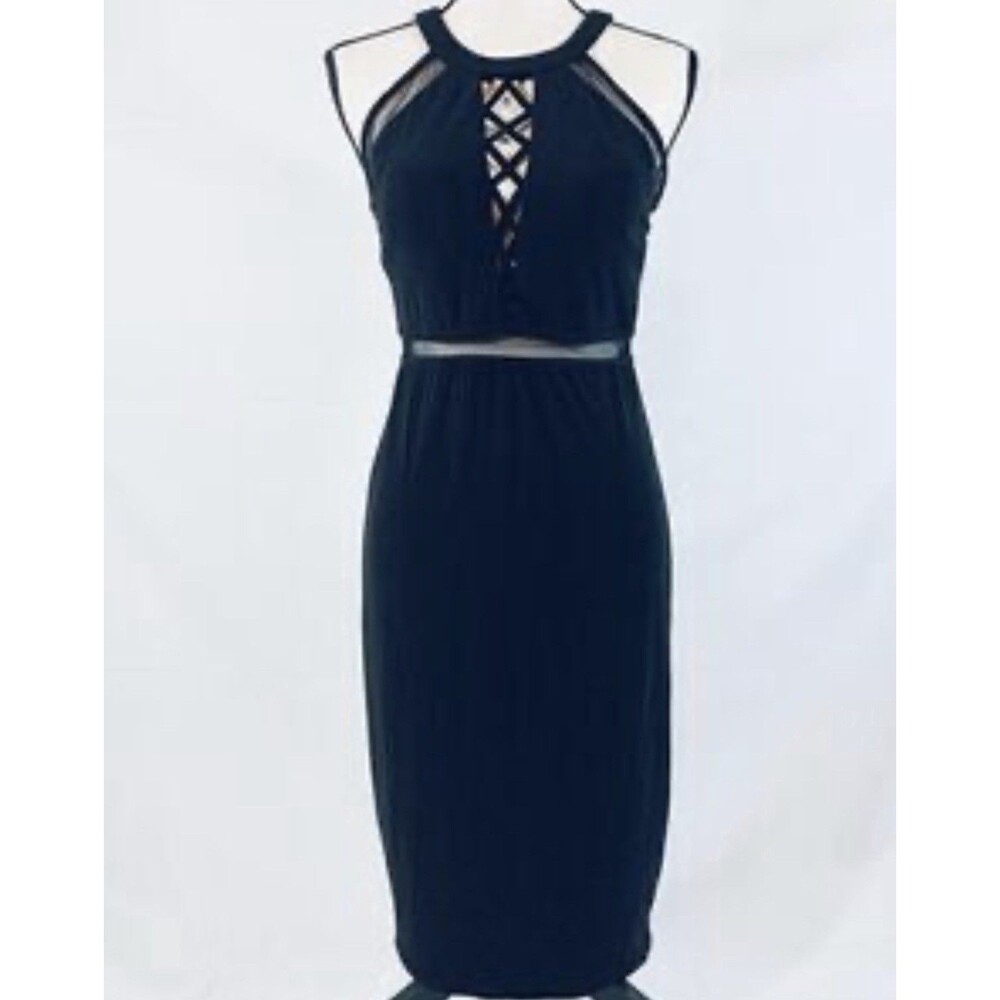 Morgan & Co black dress size 1/2 lattice front & mesh middle